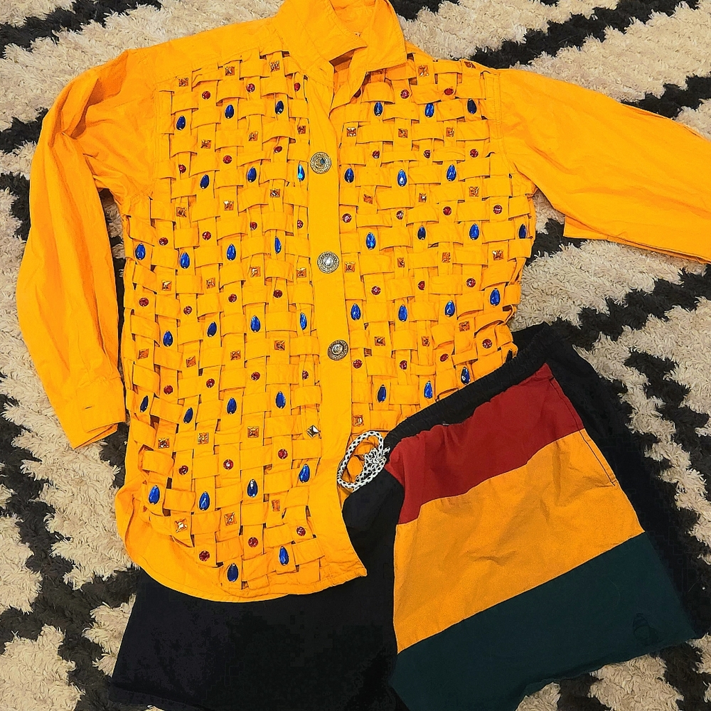 Custom pair 90s ensemble BedaZzled Jem blouse and Polyester shorts